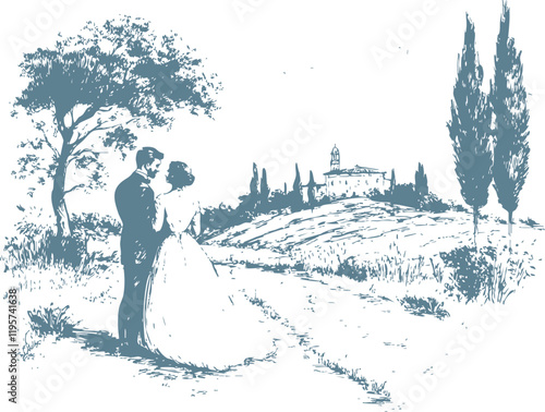 Hand drawn Italian style vintage wedding couple