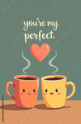 Two cartoon-style coffee mugs with smiling faces