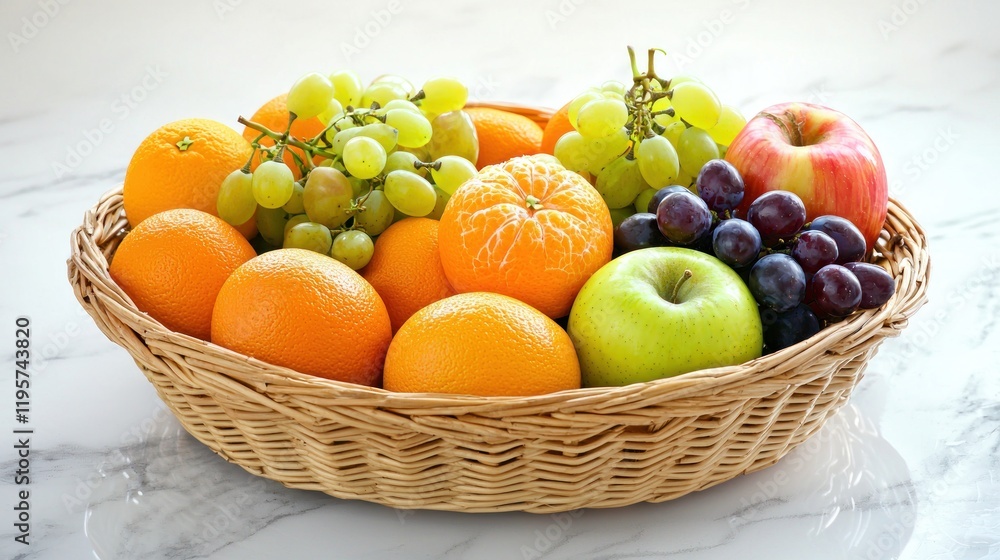 Fresh fruit basket on marble, healthy eating Fresh fruit basket on marble, healthy eating