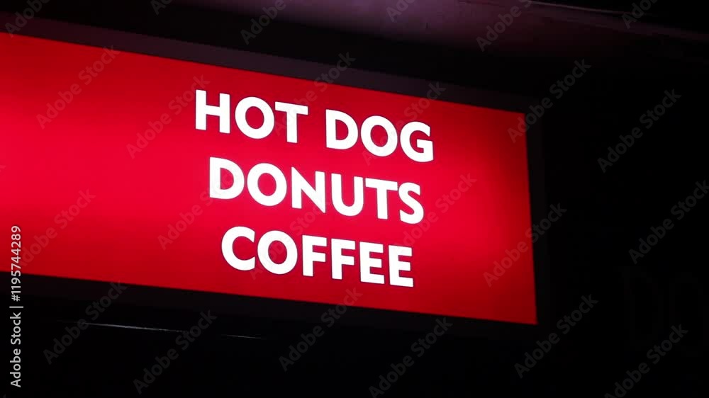 Hot Dog Donuts Coffee Drinks Food Café Red Sign White Text Advertising Night Hot Dog Donuts Coffee Drinks Food Café Red Sign White Text Advertising Night