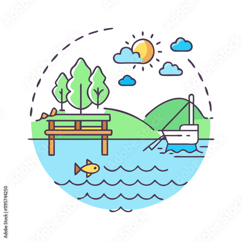 lake with fishing dock vector icon, lake with fishing dock vector illustration-simple illustration of lake with fishing dock, perfect for lake with fishing dock logos and icons and themed design 