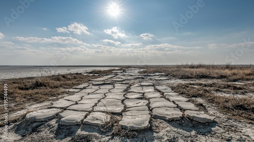Cracked earth path, arid landscape, sunny day, lake background, travel