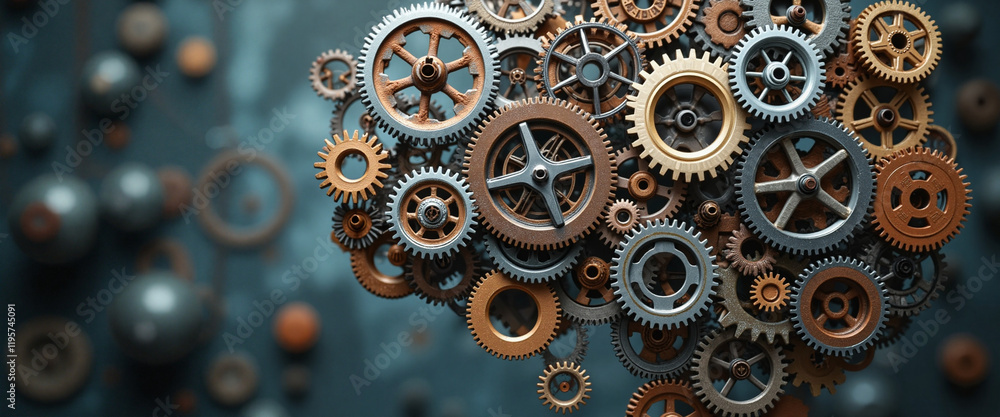 Cogs and gears intricately arranged to form a brain shape, evoking a sense of complexity and confusion, representing cognitive overload against a muted blue background Cogs and gears intricately arranged to form a brain shape, evoking a sense of complexity and confusion, representing cognitive overload against a muted blue background