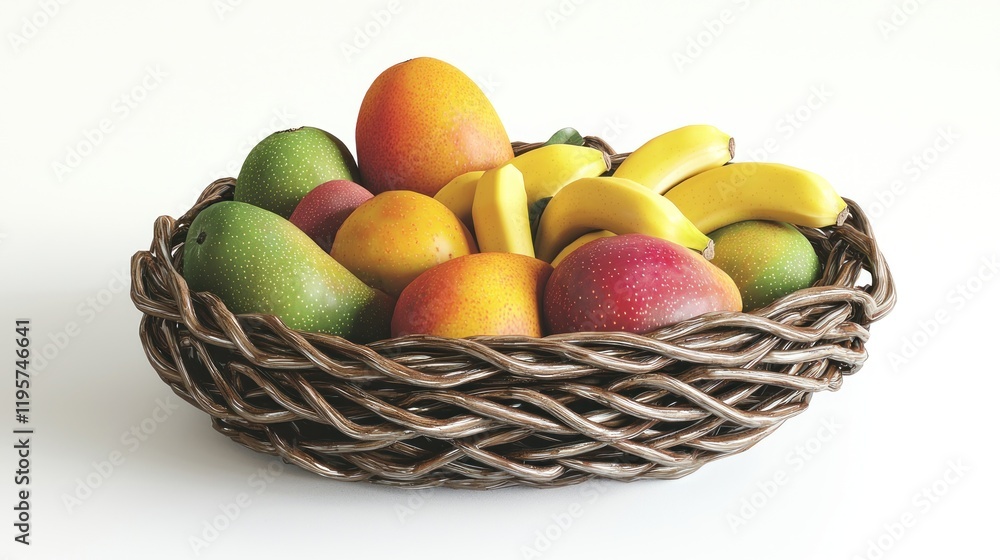 Mangoes, bananas, wicker basket, studio, healthy snack Mangoes, bananas, wicker basket, studio, healthy snack