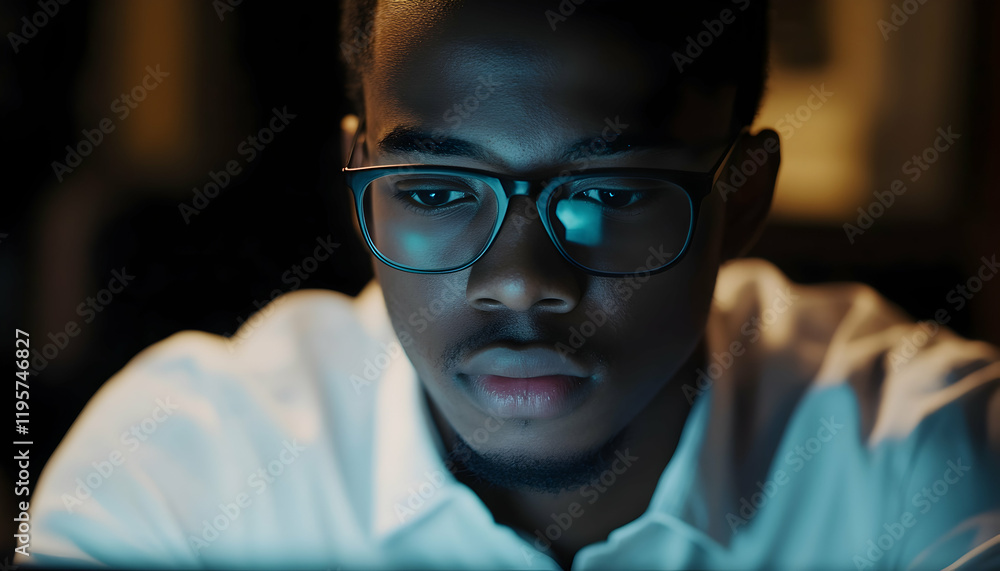 African American young developer in eyeglasses concentrating on online work on a computer, sitting at the workplace African American young developer in eyeglasses concentrating on online work on a computer, sitting at the workplace
