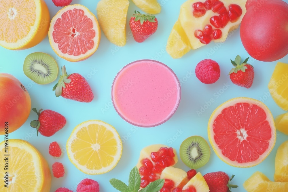 Flat-lay of fresh tropical fruits around a pink smoothie on blue background. Healthy eating and design. Flat-lay of fresh tropical fruits around a pink smoothie on blue background. Healthy eating and design.