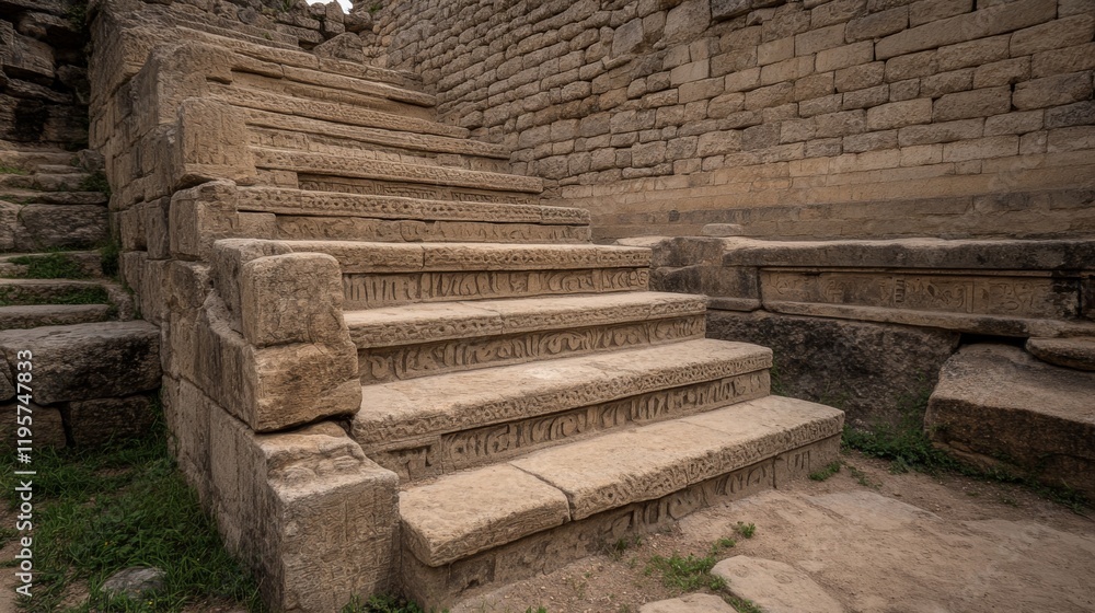 Ancient stone staircase at ruins, weathered texture, historical site. Ancient stone staircase at ruins, weathered texture, historical site.