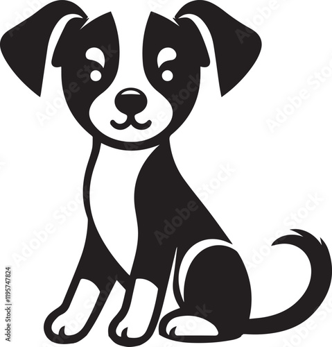 Cute silhouette puppy vector black and white (smiling face cute mini dog big ears and big hair vector black)