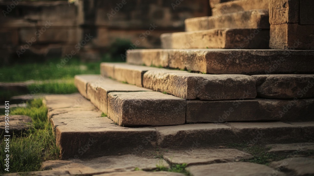 Ancient stone steps leading to ruins, sunlight illuminating the worn stone. Ancient stone steps leading to ruins, sunlight illuminating the worn stone.