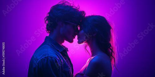 Romantic Couple Embracing Under Neon Purple Light – Intimate Portrait Photography