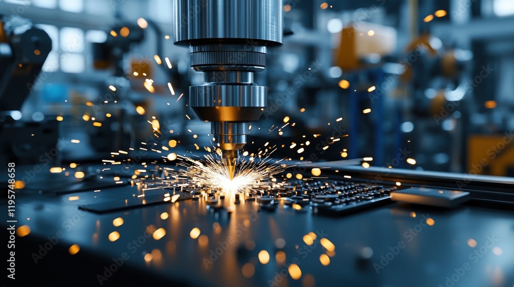 A machine is cutting through metal, creating sparks and debris A machine is cutting through metal, creating sparks and debris