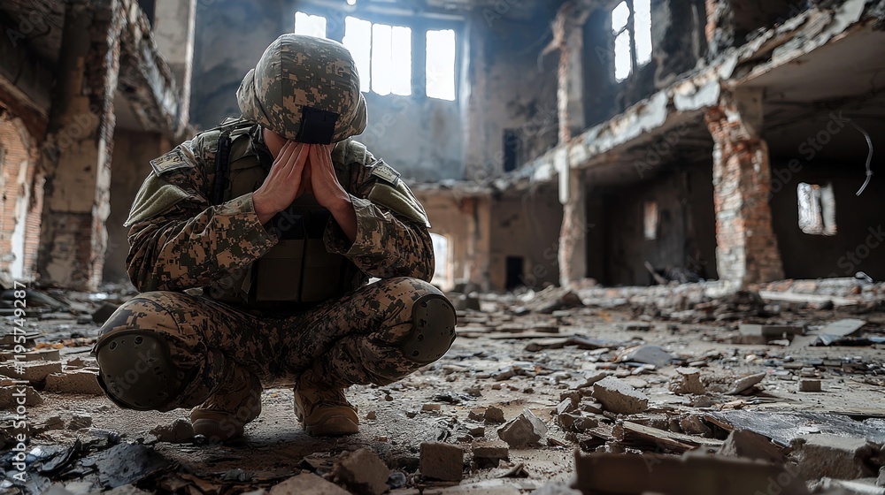 Fototapeta premium A soldier kneeling in a rubble with his hands on his knees