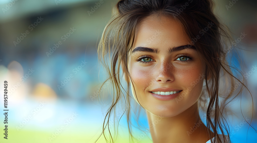 A young woman with a bright smile enjoys a sunny day at a sports venue. A young woman with a bright smile enjoys a sunny day at a sports venue.