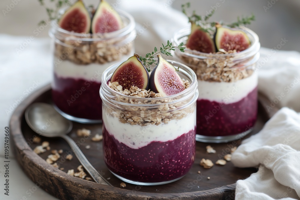 A cozy, rustic display of breakfast jars brimming with layers of berry compote, chia pudding, and crunchy granola, crowned with fresh figs and sprigs of thyme. A cozy, rustic display of breakfast jars brimming with layers of berry compote, chia pudding, and crunchy granola, crowned with fresh figs and sprigs of thyme.