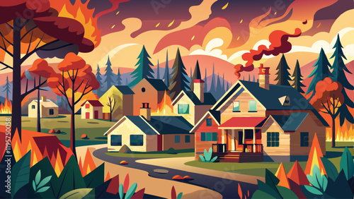 Wildfire burning forest near houses threatening suburban area