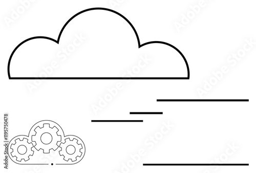Large cloud outline with interlocked gears and lines symbolizing data flow and connectivity. Ideal for cloud computing, technology, data analysis, innovation, automation, networking, abstract line