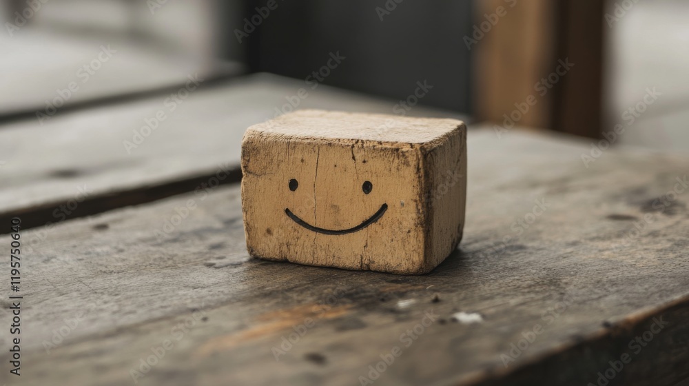 Happy wooden block on rustic table. Happy wooden block on rustic table.