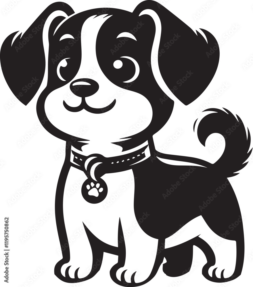 Fototapeta premium Cute silhouette puppy vector black and white (smiling face cute mini dog big ears and big hair vector black)