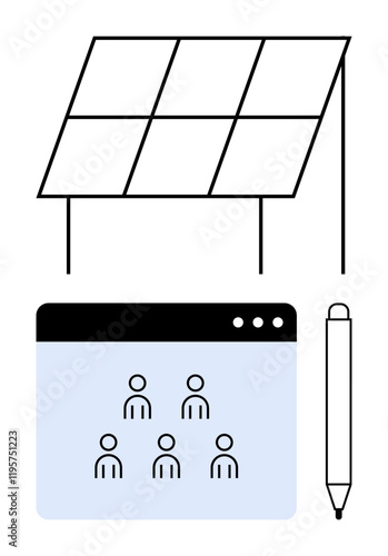 Solar panel, collaboration interface with user icons, and stylus representing renewable energy, technology, teamwork, sustainable solutions, education, innovation future growth. Minimalist abstract