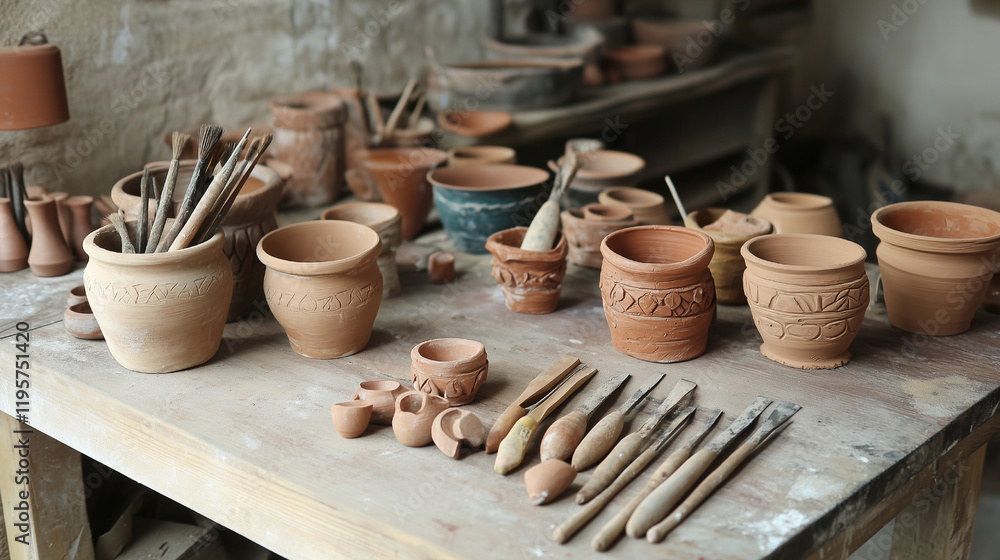 Traditional clay modeling tools and handmade pottery pieces, artisan workspace Traditional clay modeling tools and handmade pottery pieces, artisan workspace
