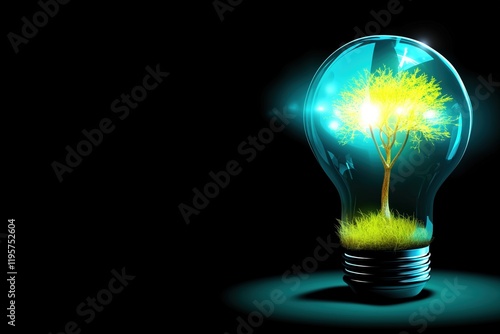 Tree glowing inside lightbulb on dark background. concept of eco-friendly energy and sustainability photo