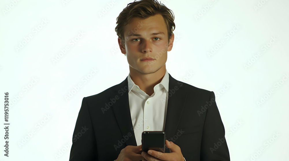 Young businessman holding a smartphone, plain white background, serious and focused, clear facial features Young businessman holding a smartphone, plain white background, serious and focused, clear facial features