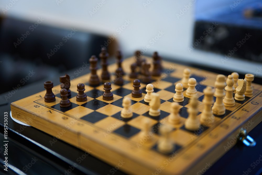 Chess match in progress with wooden pieces on a checkered board Chess match in progress with wooden pieces on a checkered board