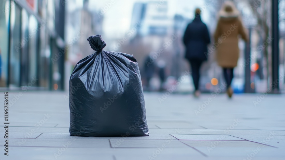 Obraz premium Urban cleanup concept with gloves and trash bag on city sidewalk