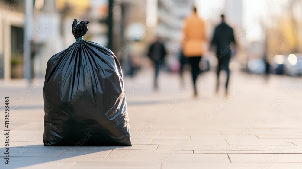 Obraz premium Urban cleanup concept with gloves and trash bag close-up for environmental awareness