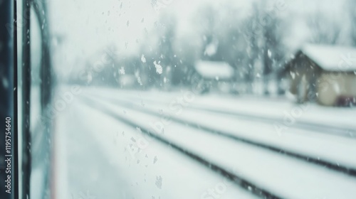 Winter travel scene through snowy train window photo