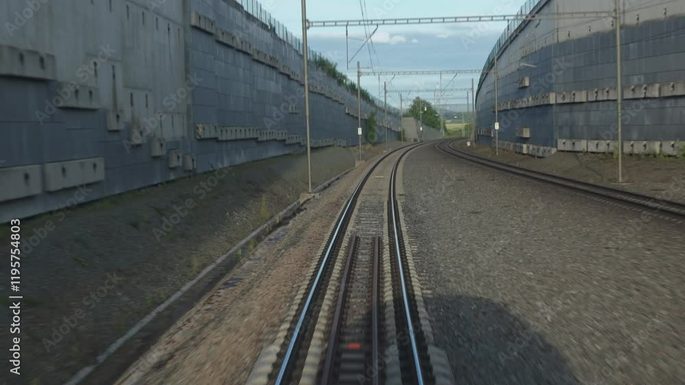 A train is traveling down a track with a hill in the background. The train is moving quickly and the track is empty A train is traveling down a track with a hill in the background. The train is moving quickly and the track is empty