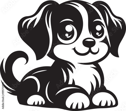 Cute silhouette puppy vector black and white (smiling face cute mini dog big ears and big hair vector black)