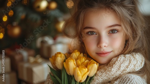 Happy Mother's Day conceptA little girl envelops her mother in a hug and hands her a bouquet of tulips at home photo