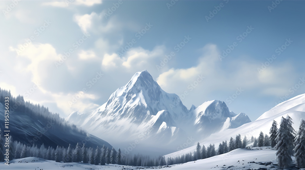 Obraz premium Realistic Snowy Mountain Landscape with Smooth Snow Textures,Snowy Mountain Landscape on White Background,Snowy Mountain Landscape Isolated, blue sky,Majestic mountain range triptych,Generative Ai