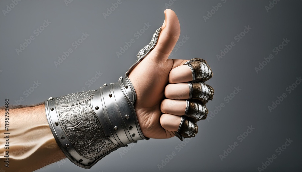 Fototapeta premium A hand in ornate metal armor gives a thumbs-up.