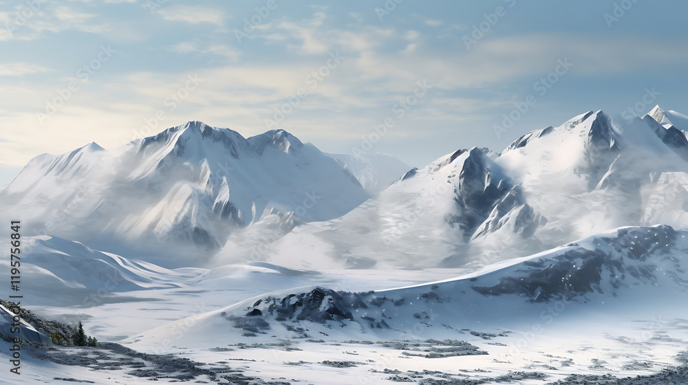 custom made wallpaper toronto digitalRealistic Snowy Mountain Landscape with Smooth Snow Textures,Snowy Mountain Landscape on White Background,Snowy Mountain Landscape Isolated, blue sky,Majestic mountain range triptych,Generative Ai
