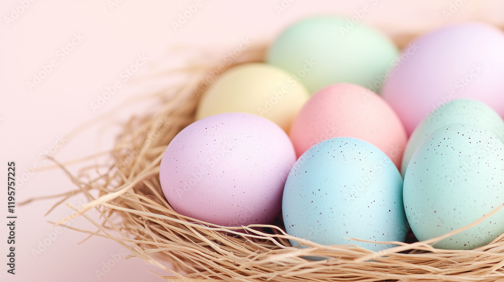 Pastel easter eggs in straw nest for spring decoration and celebration Pastel easter eggs in straw nest for spring decoration and celebration