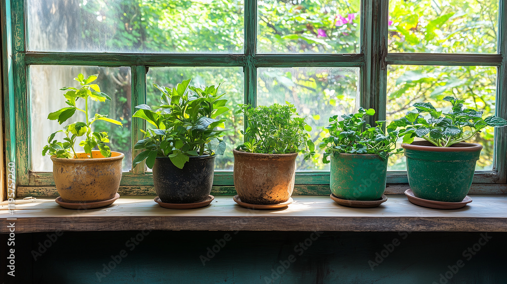 Sunlit herb garden display on rustic window sill for indoor plant and spring theme Sunlit herb garden display on rustic window sill for indoor plant and spring theme