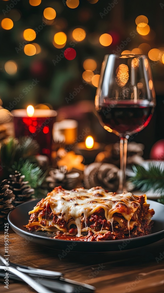 Fototapeta premium Hearty Christmas Lasagna with a glass of red wine