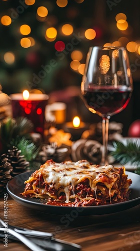 Hearty Christmas Lasagna with a glass of red wine
