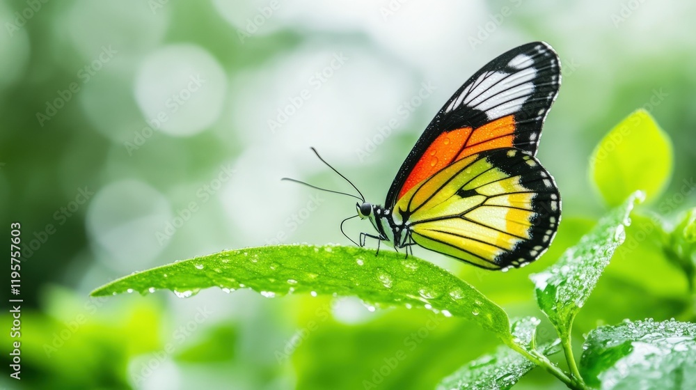 Vibrant butterfly resting on leaf at sunrise in nature garden Vibrant butterfly resting on leaf at sunrise in nature garden