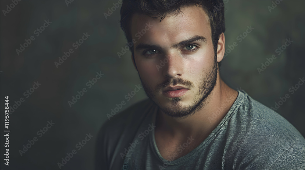 Fototapeta premium Young male laborer in a plain shirt, dark grey background, serious and focused, clear facial features