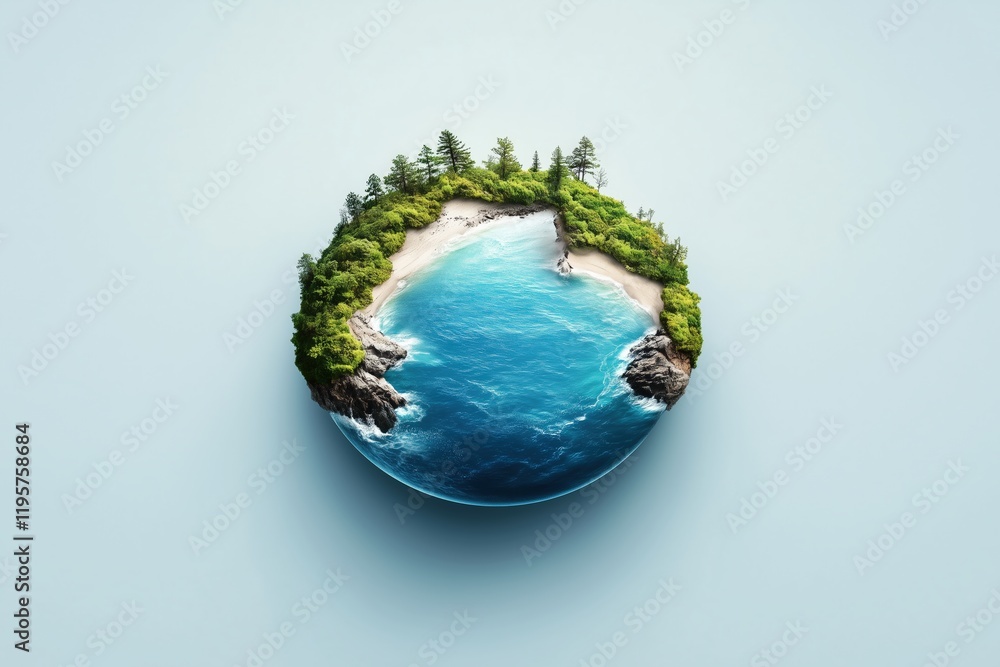 Fototapeta premium Miniature globe with beach and forest design floating on light blue background. Environmental awareness concept