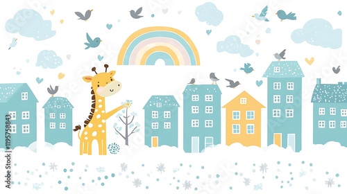 Giraffe, winter city, birds, rainbow, snowfall, children's illustration, nursery decor
