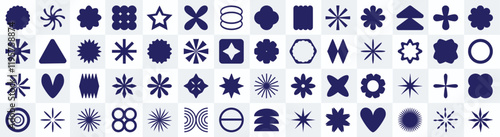 Set of futuristic y2k retro geometric vector shapes over checkerboard background. Postmodern brutalism groovy design elements collection