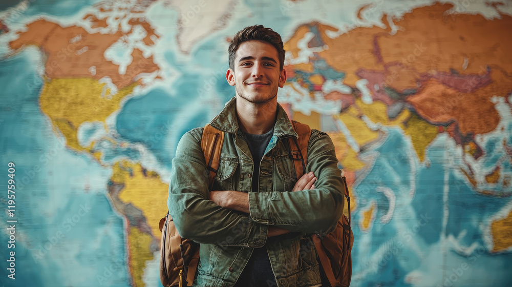 Fototapeta premium Young man with backpacks standing confidently in front of a colorful world map, representing travel, adventure, and exploration spirit in a modern setting