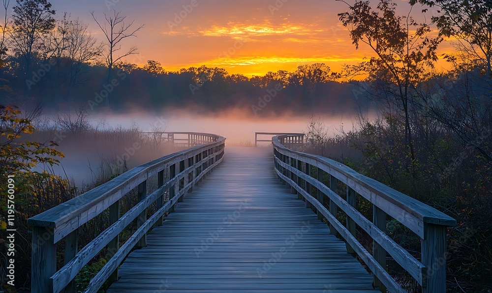 The boardwalk in Wawayanda State Park bathed in the warm hues of sunrise The boardwalk in Wawayanda State Park bathed in the warm hues of sunrise