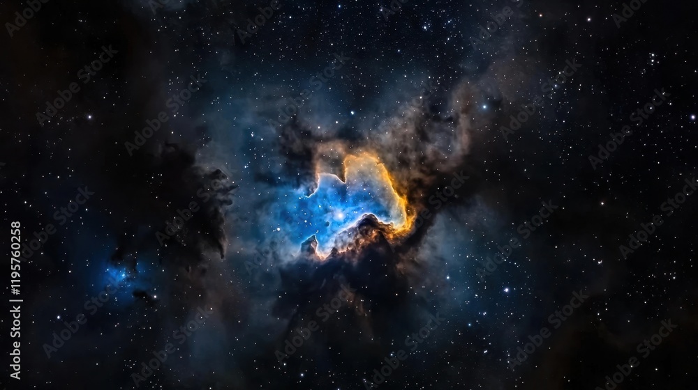 Fototapeta premium A starry sky with a large orange and blue cloud in the middle