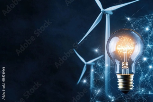 Lit light bulb against dark background with wind turbines and network grid. renewable energy concept photo