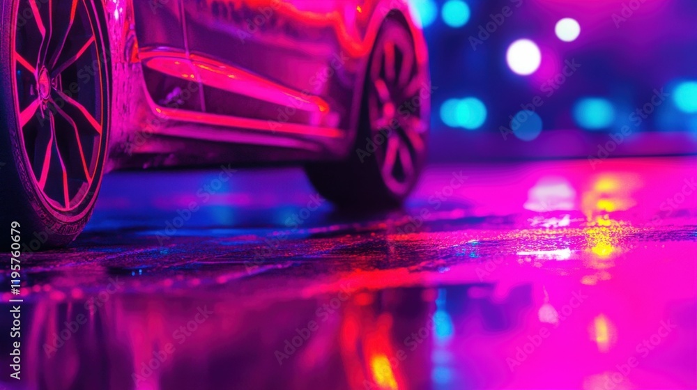 Retro futuristic car with neon glow in vibrant digital rain environment Retro futuristic car with neon glow in vibrant digital rain environment